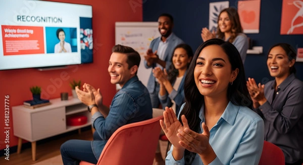 Fototapeta Enthusiastic diverse business team applauding a colleague's achievement during a meeting celebrating success