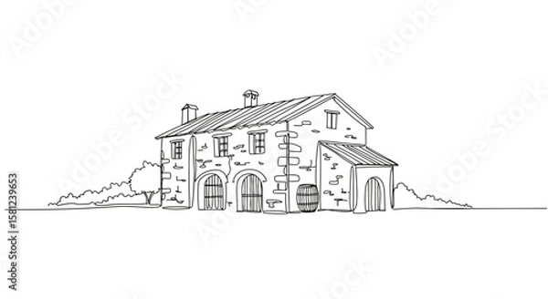Fototapeta Charming winery outline drawing isolated on transparent background  