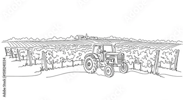 Fototapeta Tractor working in vineyard landscape with rows of grapevines  