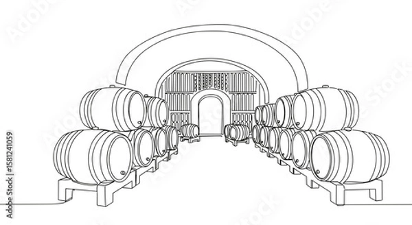 Fototapeta Wine cellar with barrels outlined in minimalist style on transparent background  