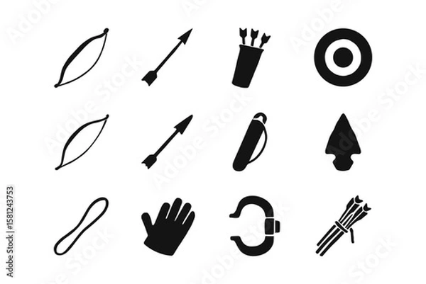 Fototapeta Archery icons set: black silhouette of bow, arrow, quiver, and target