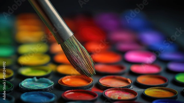 Fototapeta Watercolor Paintbrush and Palette: A close-up shot of a paintbrush delicately resting on a vibrant watercolor paint palette, showcasing a spectrum of colors ready for artistic expression. 