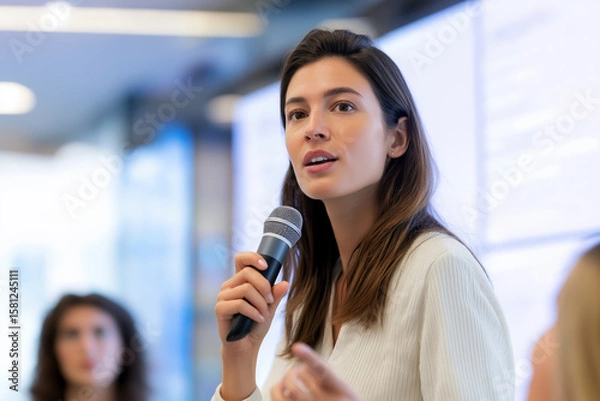 Fototapeta Confident Presentation: A poised and articulate woman commands attention with a microphone in hand, delivering a dynamic presentation in a professional setting.