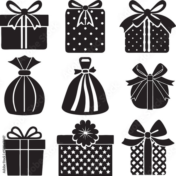 Obraz Collection of black silhouette gift boxes and a drawstring pouch