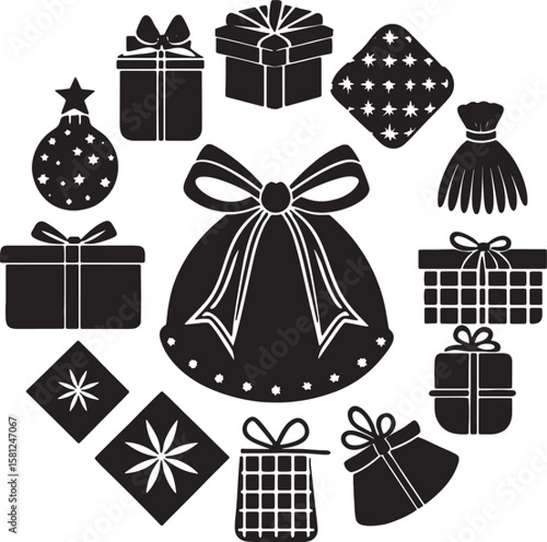 Obraz Collection of black silhouette gift boxes and a drawstring pouch