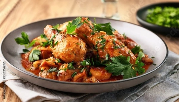 Fototapeta juicy peri peri chicken garnished with fresh herbs highlights flavors of this popular dish appealing to food lovers at any dining experience