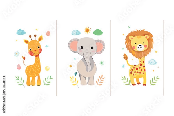 Fototapeta Cute cartoon safari animals giraffe elephant lion on black background