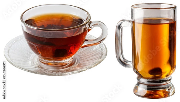 Fototapeta Closeup of steaming hot tea in glass cup with matching saucer and tall glass mug on black background, warm amber and deep brown tones creating inviting cozy atmosphere isolated transparent png