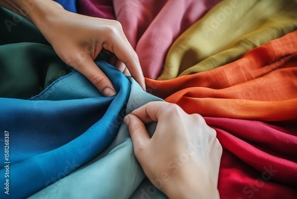 Fototapeta A close-up of hands holding and examining different fabrics, showcasing the variety in colors and textures,