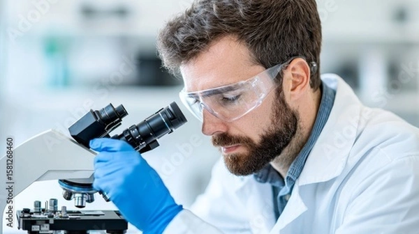 Fototapeta Scientist uses microscope in a laboratory