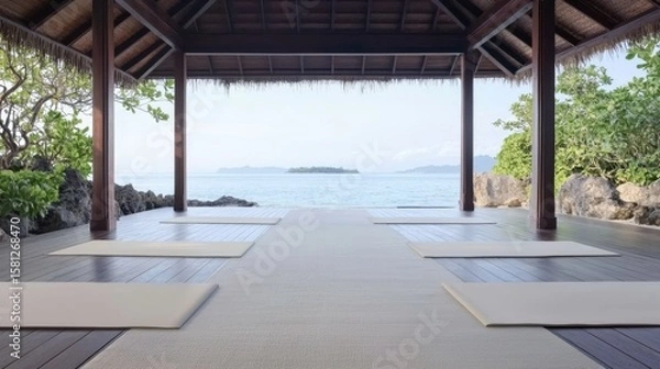 Fototapeta Open-air yoga pavilion facing the ocean with mats on wooden deck