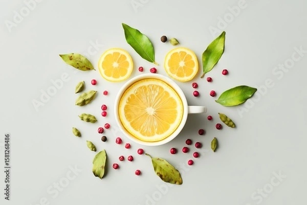 Fototapeta Arrangement of yellow lemon slices, cardamom, and pink peppercorns on a light gray background, with the elements forming an abstract shape resembling a cup or mug, with leaves as decoration. 