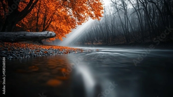 Fototapeta River flows through misty forest with bright autumn foliage