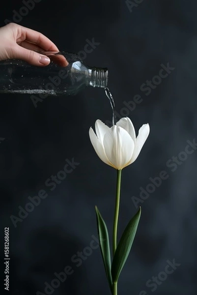 Fototapeta A hand pouring water from an bottle into the petals of a single white tulip, against a dark gray background. 