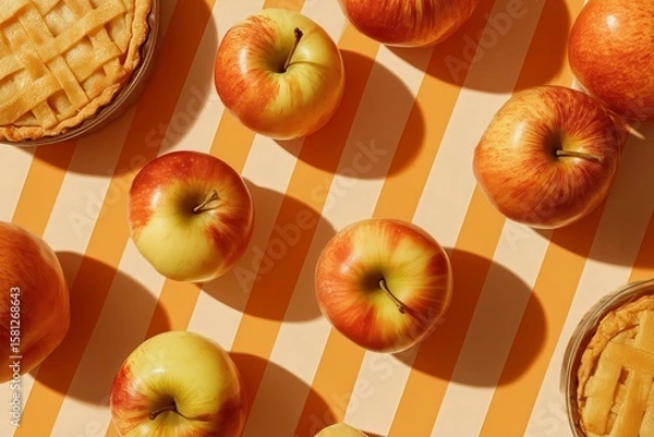 Fototapeta Apples and apple pie on stripped background.