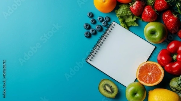 Fototapeta Fresh fruits and vegetables arranged around a blank notebook on a blue background