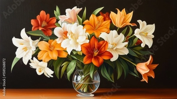 Fototapeta Colorful lilies arranged in a clear glass vase on a dark background