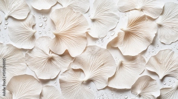 Fototapeta Close-up of pale mushroom gills on a white surface with water droplets.