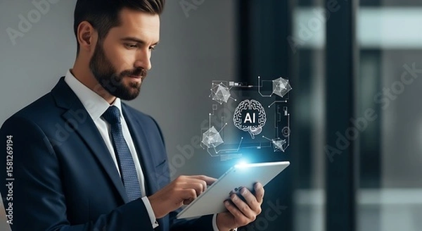 Fototapeta Businessman using tablet with ai brain hologram display in a modern office environment setting