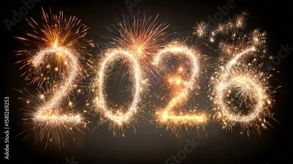 Fototapeta Bright golden sparklers forming number 2026 with fireworks bursting on a dark festive night