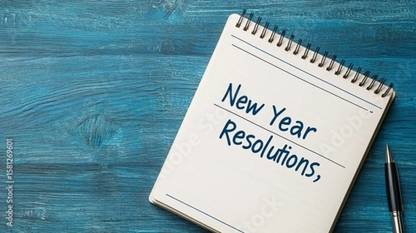 Fototapeta Notebook lists new year resolutions on blue wooden table