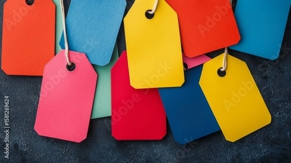 Fototapeta Many colorful blank tags scattered on a dark surface