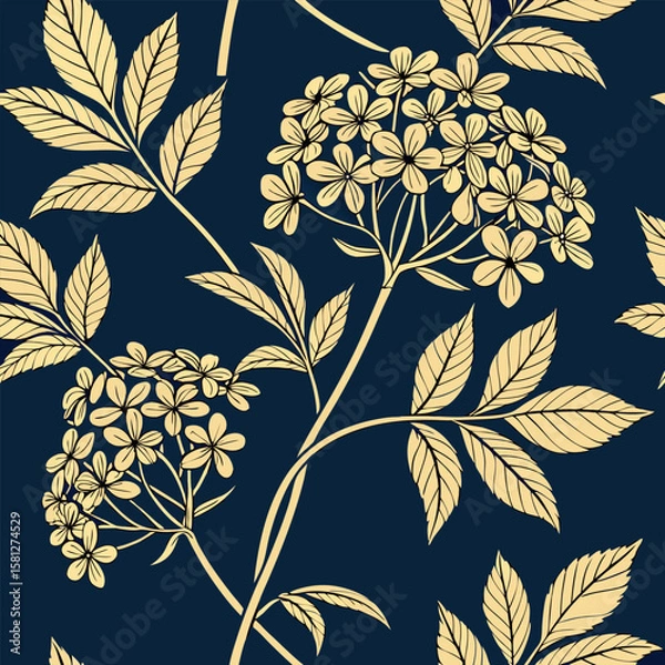 Fototapeta Elegant floral pattern featuring flowers and leaves in a classic navy and gold color scheme