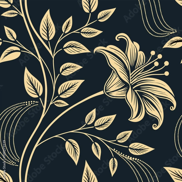 Fototapeta Elegant floral seamless pattern featuring a beautiful lily and lush foliage design