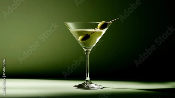Fototapeta Martini with a green olive on a toothpick illustration in solid sage green background, simple design.
