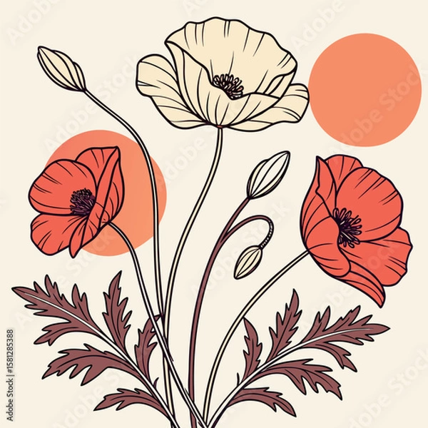 Fototapeta Elegant floral illustration with red poppies and modern decorative elements on white