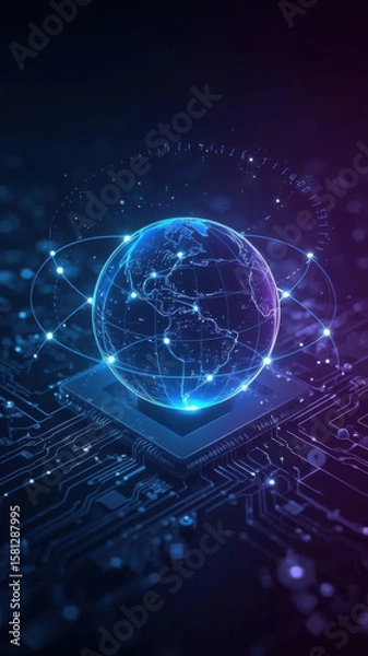 Obraz Global communication network connecting world on microchip circuit board