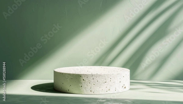 Fototapeta Minimalistic white round podium placed in soft natural light with shadows from leaves on a light green background. The mockup is suitable for presentation or product installation