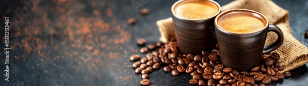 Fototapeta Steaming espresso in rustic mugs with roasted coffee beans on dark textured surface and burlap backdrop. Copy space