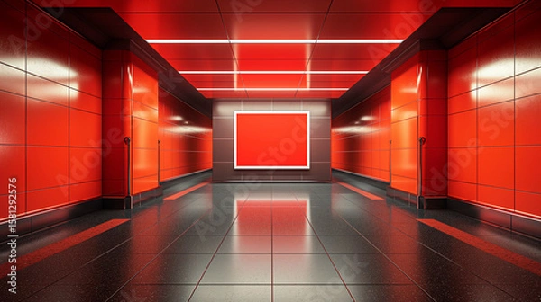 Fototapeta Modern red metro station corridor with glossy tiles, illuminated panels, and centered blank advertising billboard. Copy space
