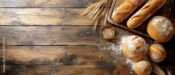 Fototapeta  Freshly baked variety of rustic bread rolls and baguettes with wheat and grains on weathered wooden table. Copy space
