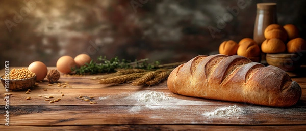 Fototapeta  Rustic loaf of fresh bread on wooden table surrounded by natural baking ingredients and warm harvest elements. Copy space