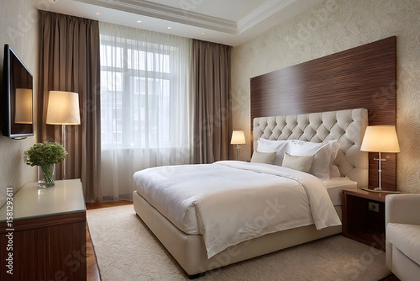 Obraz Luxurious Hotel Bedroom with Beige Upholstered King Size Bed Dark Wood Headboard and Cream Carpet