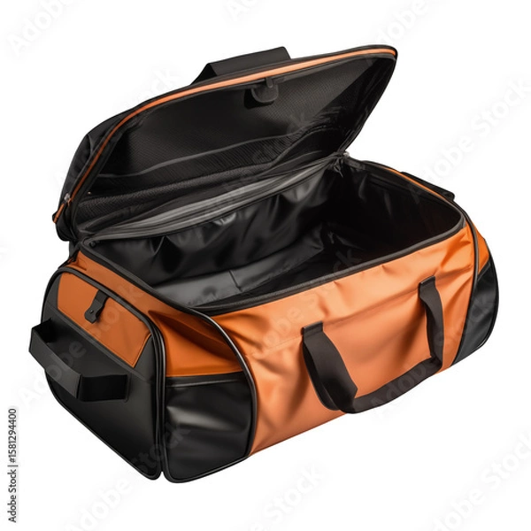 Fototapeta An open orange and black duffel bag is set against a clean black backdrop. element isolated on transparent background.