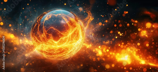 Fototapeta Glowing abstract sphere with fiery energy and cosmic background effects.