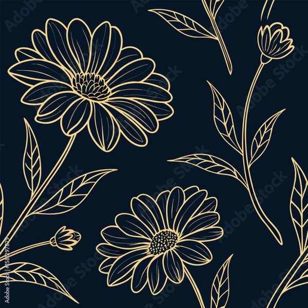 Fototapeta Elegant floral line art pattern with daisies and leaves on a dark background