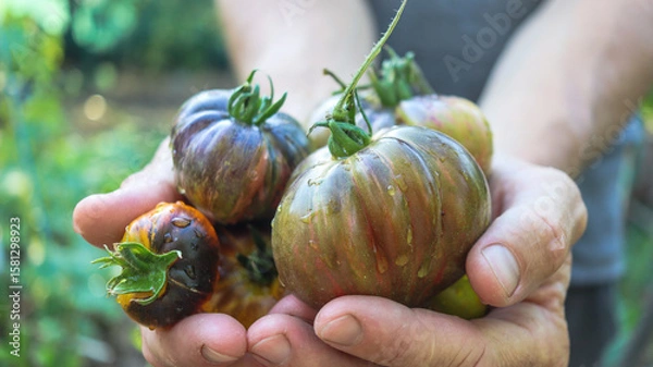 Fototapeta tomatoes delicious organic unusual in shape and color close-up in male hands selective focus