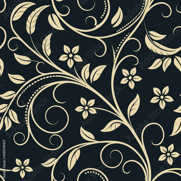 Fototapeta Elegant floral pattern with ornate scrollwork and decorative leaves on a dark background
