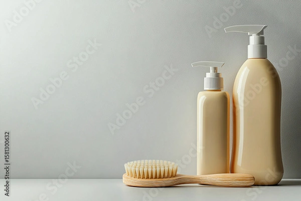 Obraz Brush next to a beige detergent bottles on a white background. Commercial use and eco-friendly trends.