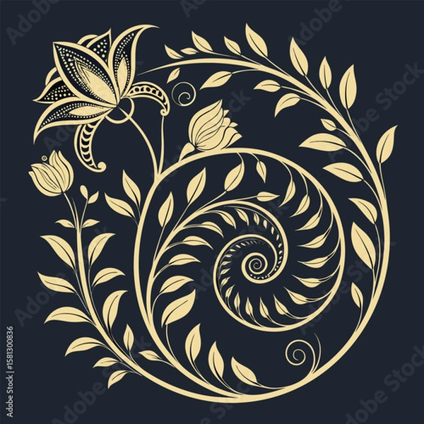 Fototapeta Elegant gold floral spiral motif vector design with leaves and swirls on a white background