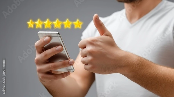 Fototapeta Five star mobile rating with thumbs up gesture showing positive customer feedback and satisfaction review in digital service, Generative AI