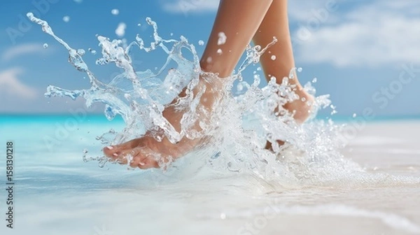 Fototapeta Bare feet playfully splashing in crystal clear ocean water on a sunny tropical beach representing freedom and summer joy, Generative AI