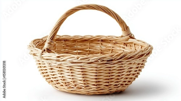 Fototapeta Empty handmade wicker basket with natural weave design and curved handle ideal for rustic storage or decoration, Generative AI