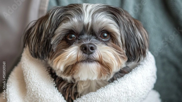 Fototapeta Groomer drying a freshly washed Shih Tzu with a soft towel, happy and playful expression