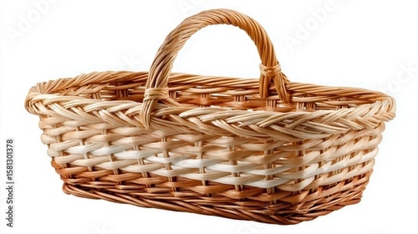 Fototapeta Empty handmade wicker basket with natural weave design and curved handle ideal for rustic storage or decoration, Generative AI