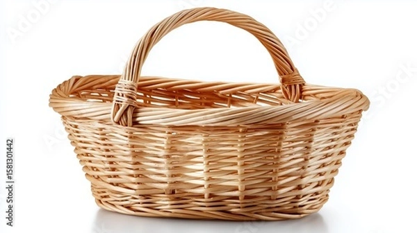 Fototapeta Empty handmade wicker basket with natural weave design and curved handle ideal for rustic storage or decoration, Generative AI